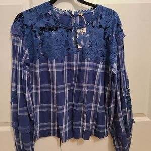 Free People size medium plaid and lace applique shirt blue and white